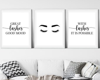 Eyelashes Wall Prints; Black and White Lash Wall Art; 3 Piece Set; Beauty Room / Salon Decor; Glam Bedroom; Lash Boutique Decor