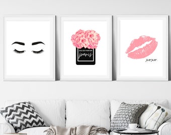 3 Piece  Pink, White and Black Fashion Print Set with Flowers; Lipstick and Eye Lash Wall Art, Perfume Print