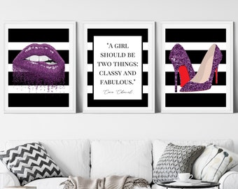 3 Piece Purple Black and White Wall Art; Fashion Heels Prints; Lip Artwork; Fashion Quote; Digital File
