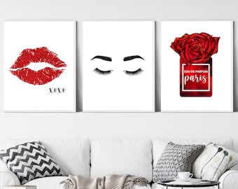 3 Piece Red and Black Wall Art; Perfume and Eyelash Fashion Digital Photo Art; Beauty Room Wall Art Printable; Glam Statement Piece
