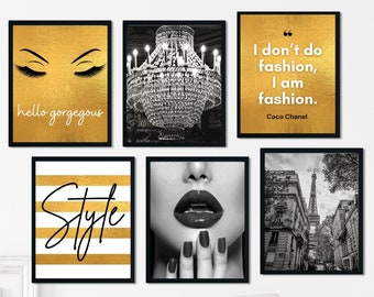 Digital File; 6 Piece Gold, White and Black Fashion Wall Art; Glam Bedroom / Bathroom Home Prints; Fashion Inspired Office Decor