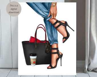 Personalized Fashion Wall Art; Digital Print; Red / Black Heels; Coffee Lover; Custom Walk-In Closet Decor