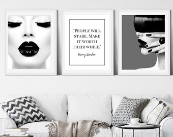 3 Piece Black & White Statement Fashion Digital Artwork; Beauty Room Wall Art Printable; Home Decor