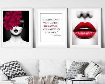 3 Piece Fashion Inspired Art; Black and White Digital Photo Print with Red Accents; Statement Digital Art
