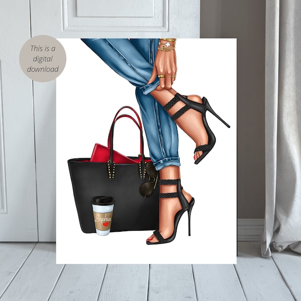 Personalisierte Mode Wandkunst; Digitaldruck; Rot / Schwarz Heels; Kaffeeliebhaber ; Individueller begehbarer Kleiderschrank Dekor