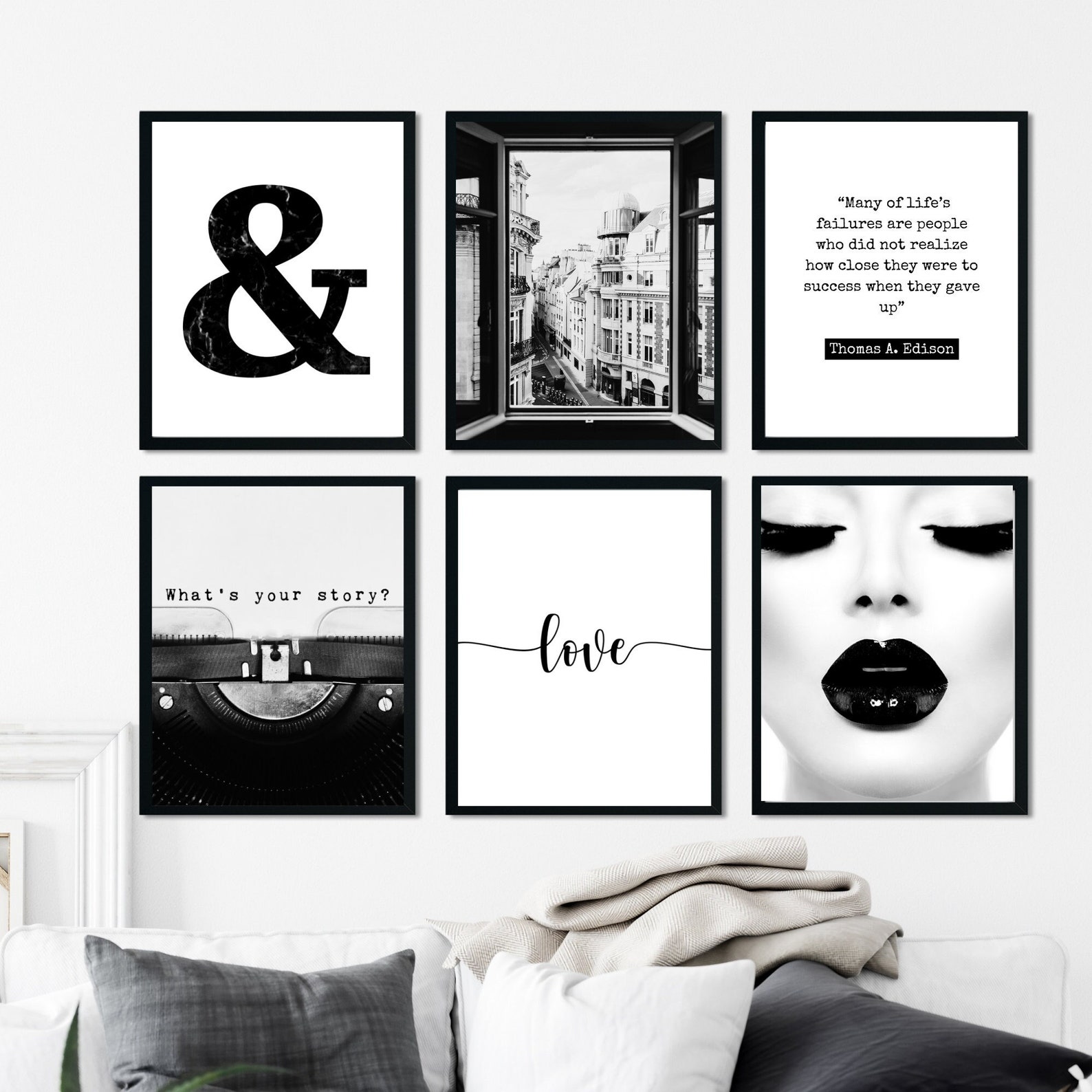 6 Piece Black and White Wall Art Set Home Gallery Wall Etsy