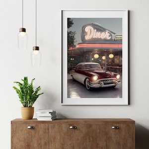May include: A vintage red and white car parked in front of a retro diner with a neon sign that reads "Diner" and "Burgers".