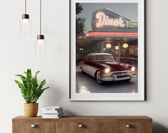 Vintage retro dinerkunstprint – klassieke rode auto bij schemering | Americana esthetische digitale download uit de jaren 50