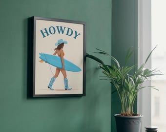 Retro Cowgirl Surfer Wall Art – “Howdy” Western Beach Girl Digital Print | Boho Coastal Cowgirl Aesthetic Poster