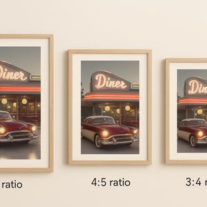 May include: Three framed prints of a vintage red car parked in front of a diner with a neon sign that reads "Diner". The frames are wooden and have a white mount. The prints are in different aspect ratios: 2:3, 4:5, and 3:4.