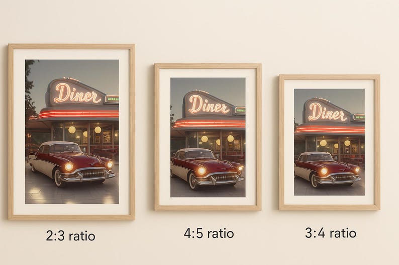 May include: Three framed prints of a vintage red car parked in front of a diner with a neon sign that reads "Diner". The frames are wooden and have a white mount. The prints are in different aspect ratios: 2:3, 4:5, and 3:4.