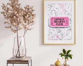 Lonely Hearts Club Wall Art – Pink Retro Ticket Poster | Digital Download Printable Gallery Wall Decor