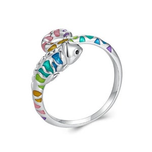 Adjustable Rainbow Chameleon Ring, 925 Sterling Silver, Enamel