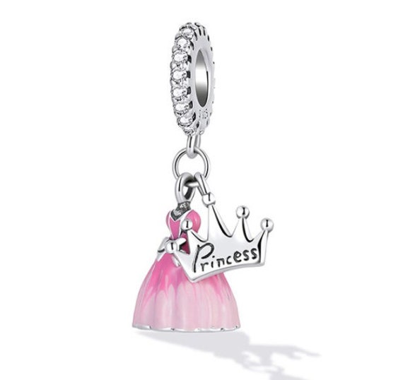 Colors Enamel Disney Princess Dress Charms Bracelet Women Clear Crystal  Crown Pendant Purple Pink Glass Beads for Jewelry Making