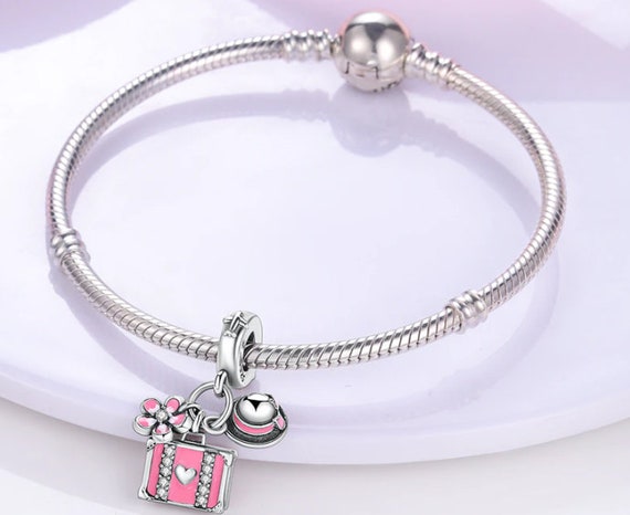 Charms for Pandora Bracelet Pink Daisy Suitcase Charm 925