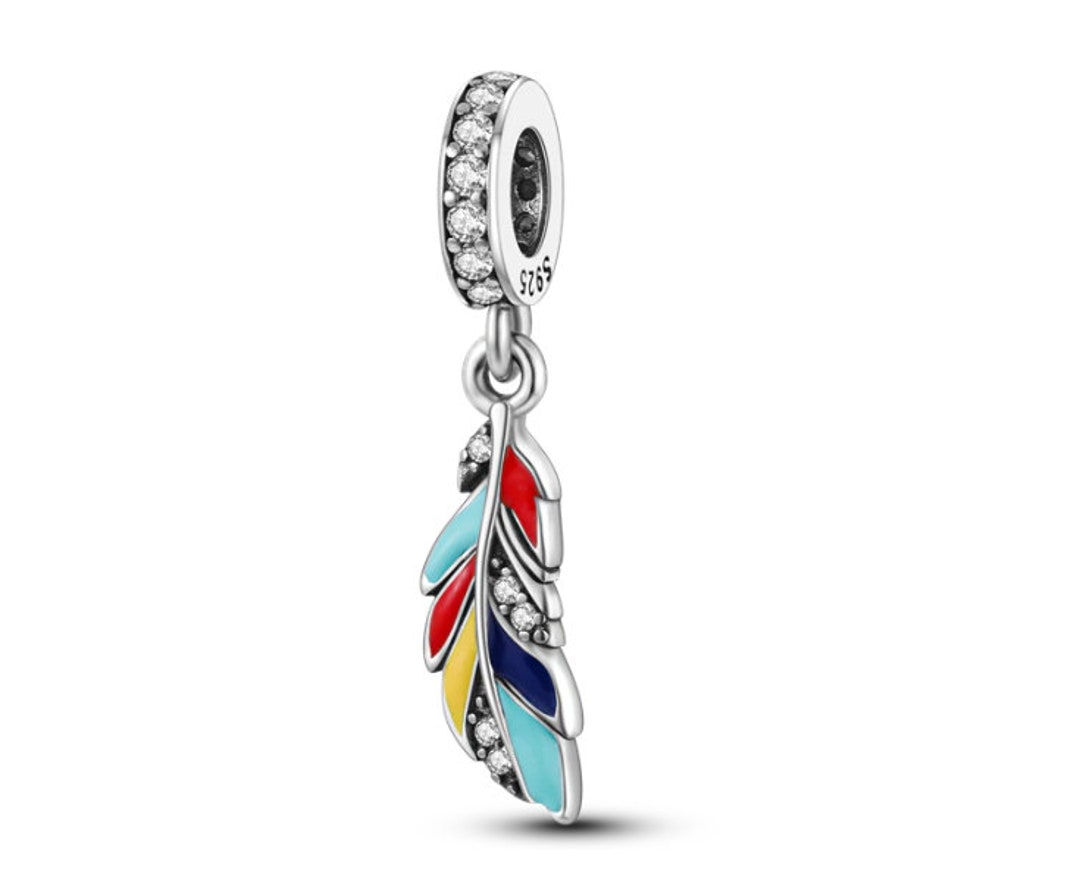 Charms for Pandora Bracelet, Parrot Feather Charm, Bird Feather Charm