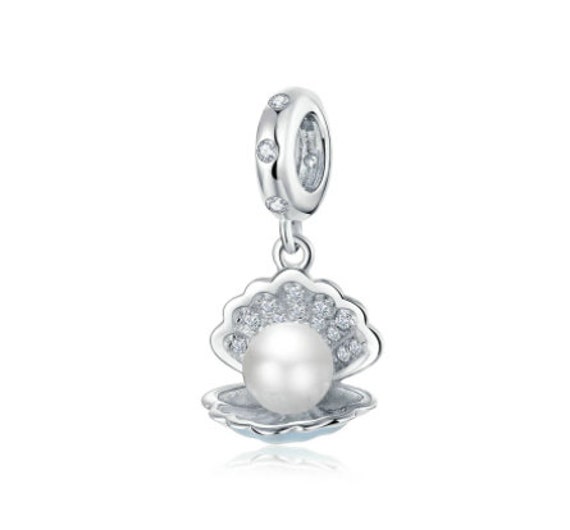 Charms for Pandora Bracelet, Pearl in Baby Blue Shell, 925 Sterling Silver, Enamel, Pearl
