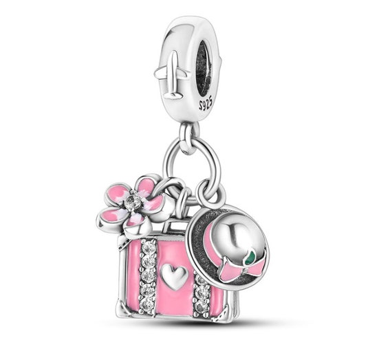 Charms for Pandora Bracelet, Pink Daisy Suitcase Charm, 925 Sterling  Silver, Enamel 