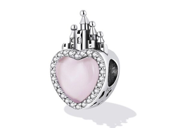 Castle on Pink Heart Charm, Fit Pan Bracelet, 925 Sterling Silver 