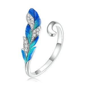 Dazzling Peacock Feather Adjustable Ring, 925 Sterling Silver, Enamel