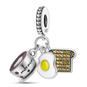 Charms for pandora bracelet, 3-in-1 Breakfast Charm, Coffee Charm, Toast and Egg Charm, 925 Sterling Silver, Enamel