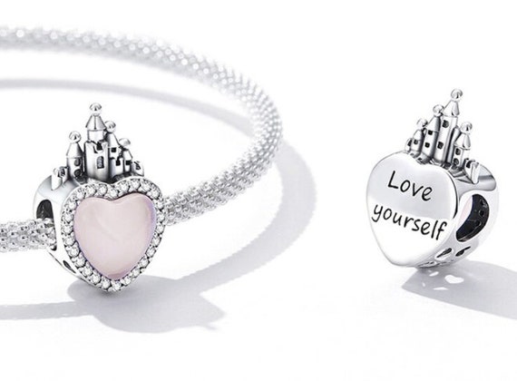 Castle on Pink Heart Charm, Fit Pan Bracelet, 925 Sterling Silver 