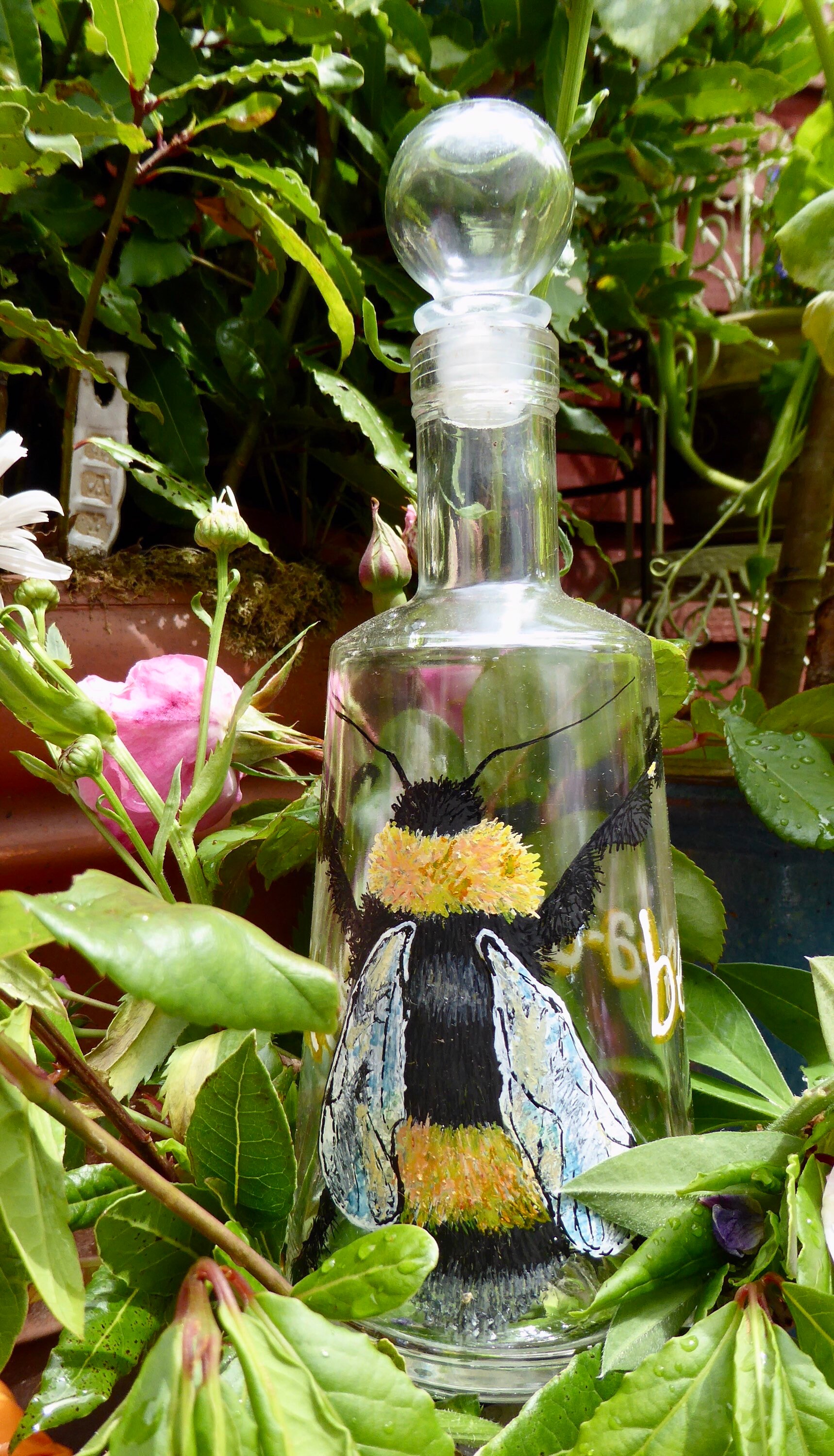 Bee bottle hand painted up cycled clear glass bottle and Etsy
