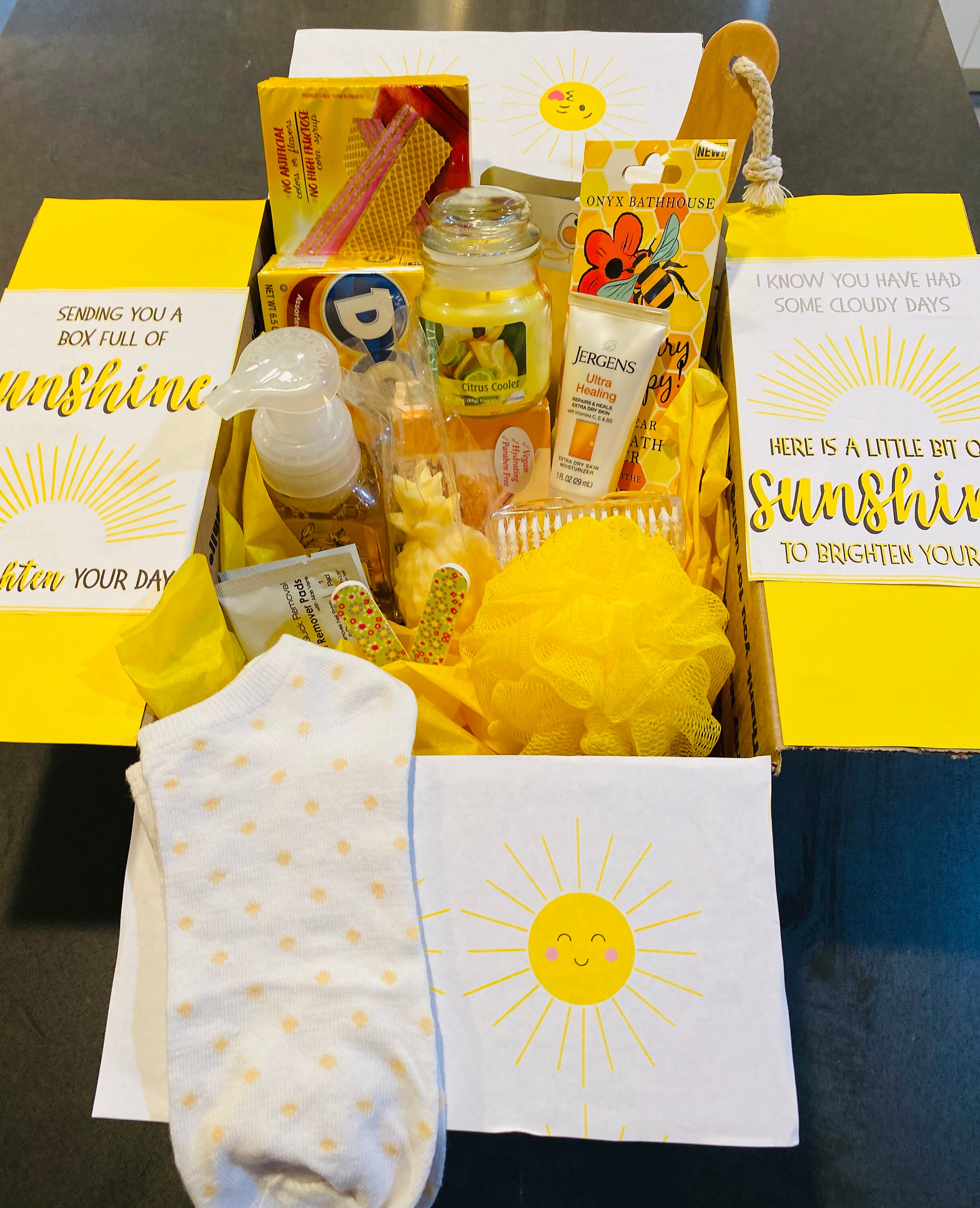 Hello sunshine gift basket colored themed yellow care package box