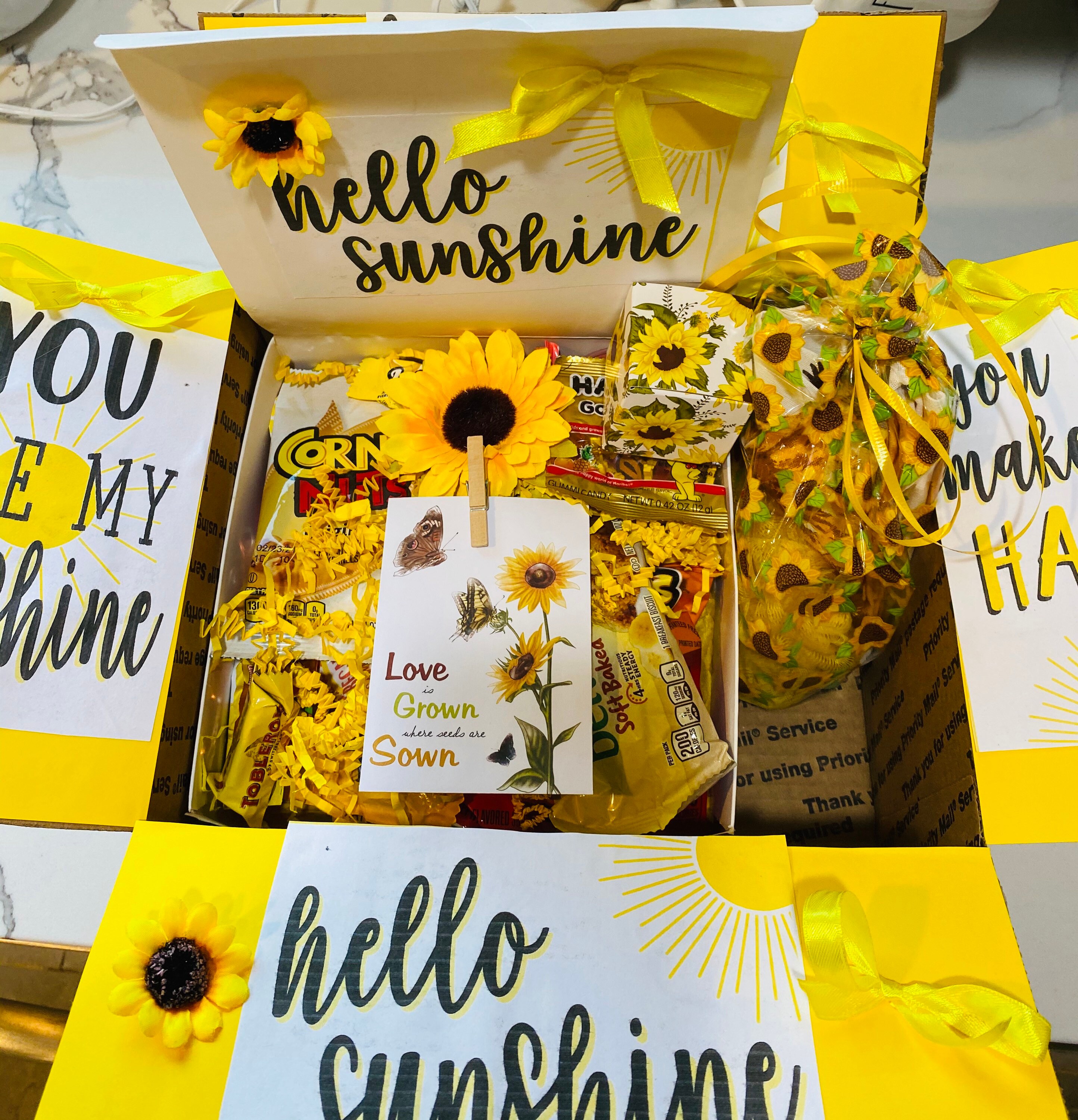 Hello sunshine gift basket colored themed yellow care package Etsy