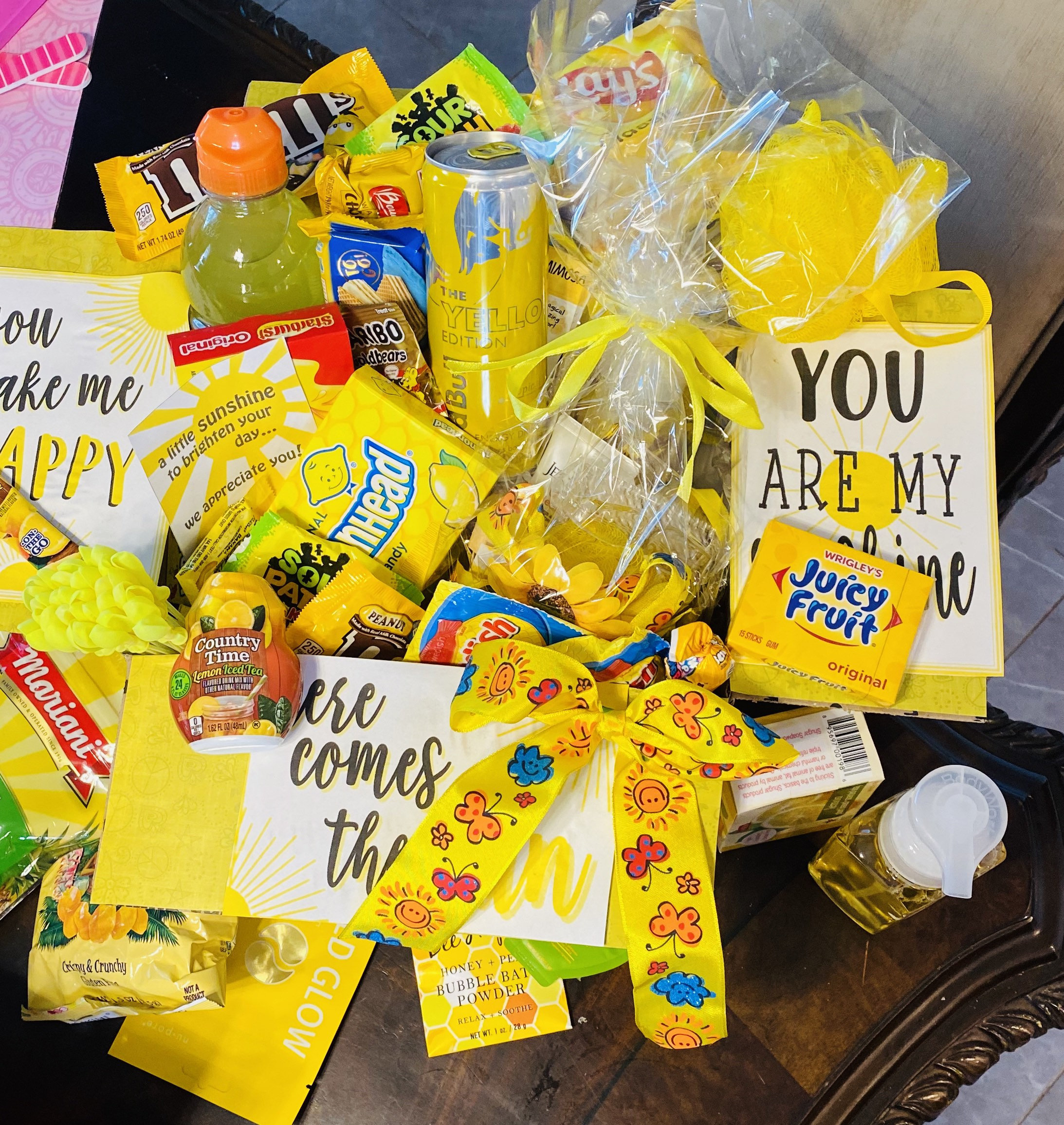 Hello sunshine gift basket colored themed yellow care package box