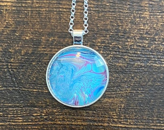 Abstract Art Pendant Necklace: Acrylic Pour Jewelry, Silver Tone