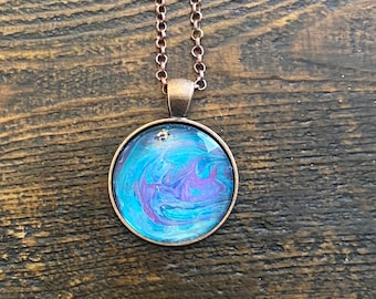 Abstract Art Pendant: Acrylic Pour Painting, Teal, Magenta, & Copper
