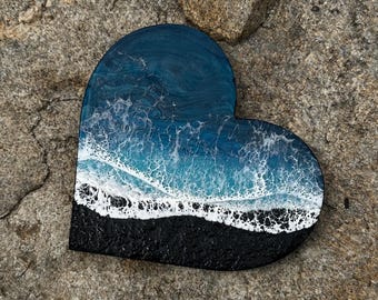 Resin Ocean Heart Art: Ocean Blues (9x8 inches)