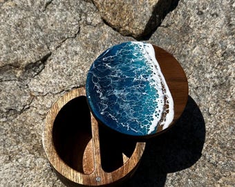 Acacia Wood Salt Box: Ocean Resin Art, Beach Decor