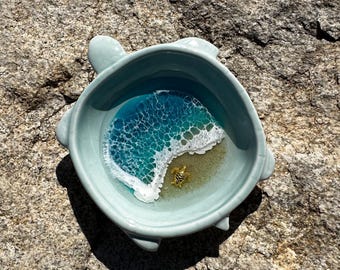 Small Sea turtle trinket dish with ocean scene - light blues