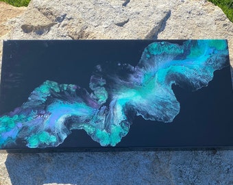 Black Dutch Pour Abstract Painting: Iridescent Acrylic Fluid Art (12x24)