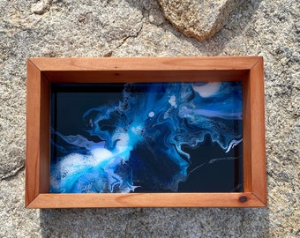 Handmade Wood Tray: Resin Abstract Painting, Red Oak Key Dish