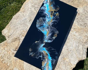 Dutch Pour Abstract 12x24 Art Piece — Black, Light Blue, & Gold
