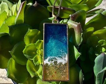 Resin Ocean Pendant: Rectangle Gold Bezel, Beach Scene Necklace