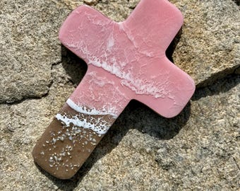 Ocean Resin Cross Decor: Pink Waves, Shells, and Sand