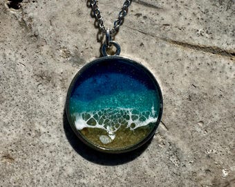 Resin Ocean Pendant: Silver Bezel, Beach Scene Necklace