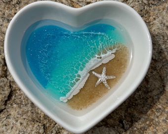Heart Trinket Tray w starfish - Light blues and aqua