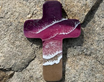 Ocean Resin Cross: Pink Beach Wood Cutout Art (7.75x11 inches)