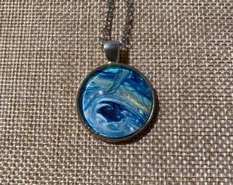 Abstract Art Pendant: Acrylic Pour Painting, Silver Tone Necklace