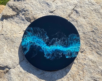 Iridescent Ocean Dutch Pour Painting, Black Resin Art (12 inch)