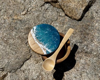 Ocean Resin Art Bamboo Canister: Beach Decor Salt Box with spoon