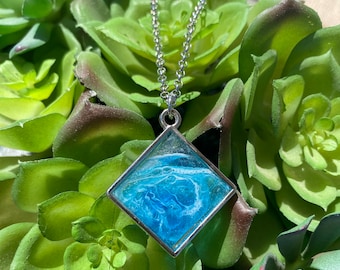 Resin Ocean Wave Pendant Necklace: Iridescent Blue Abstract Art