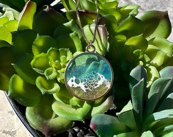 Resin Ocean Pendant: Gold Bezel, Beach Scene Necklace