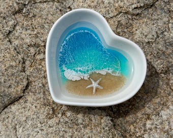 Heart Trinket Tray w starfish - Light blues and aqua