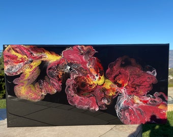 Dragon's Breath Dutch Pour Acrylic Painting, Metallic Red Pink Gold, 10x20 Canvas